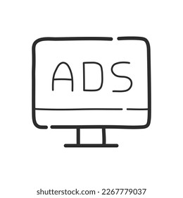 Advertising on a computer screen. Ads icon. Hand drawing design style. Vector.