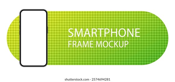 Advertising on a smartphone display. Device front view. 3D mobile phone. Cell phone. Green and yellow rounded frame with modern texture. Wide banner