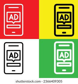 Werbung auf Smartphone-Vektorsymbol, Outline-Symbol, aus der Sammlung von Werbesymbolen einzeln auf rotem, gelbem, grünem und weißem Hintergrund.