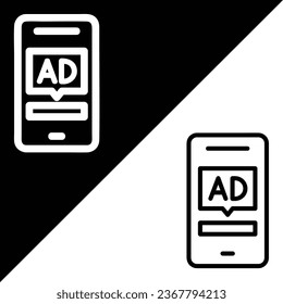 Werbung auf Smartphone-Vektorsymbol, Outline-Symbol, aus der Sammlung von Werbesymbolen einzeln auf schwarz-weißem Hintergrund.