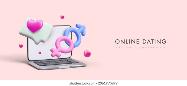 Advertising online dating agency. Searching for partner via Internet. Virtual relationships in network. Commercial concept in cartoon style. Horizontal template
