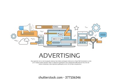 Advertising Online Web Banner Concept Internet Technology Digital Marketing Promotion Thin Line Icons Vector Illustration