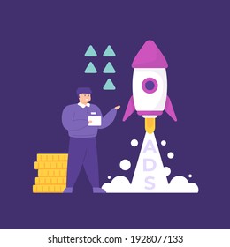 an advertising optimization concept or ad optimizing, digital marketing technique. illustration of a businessman or manager launching a rocket. marketing and business strategies. flat style. vector