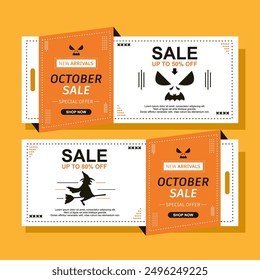 Advertising orange banner for Halloween autumn sale, poster with halloween 31 st October sale up to 50 percent off shop now inscription, placard decorated with pumpkins spider and flying bats.