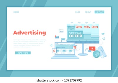 Advertising Outdoor and Online.  Billboard, newspaper with offers, discounts and laptop with social media ad website. Advertising agency. landing page template or banner. Vector