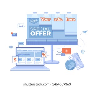 Advertising Outdoor and Online.  Billboard, newspaper with offers, discounts and laptop with social media ad website. Advertising agency. Vector illustration on white background.