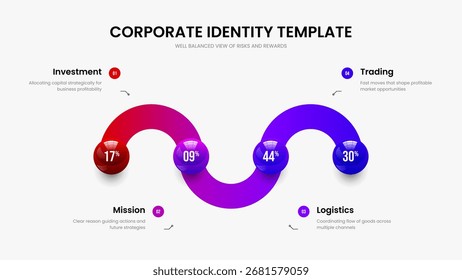 Advertising Overview Frame Design Vector Illustration. Marketing Growth 4 Element Graph Slide Layout. Professional Planning Four Option Diagram Slideshow Template.