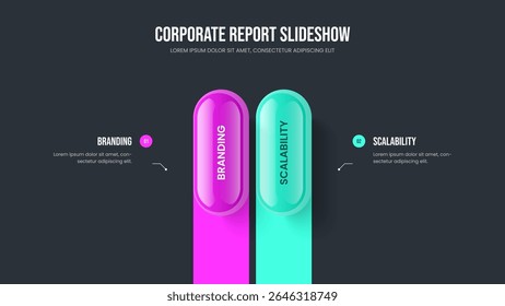 Advertising Overview Two Element Infographic Slideshow Design. Sales Briefing Slide Template Vector Illustration. Modern Campaign 2 Option Diagram Frame Layout.