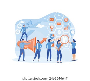 Advertising people concept. Communication announcement by megaphone, business digital advertisement design. Man woman character announce promotion. flat vector modern illustration