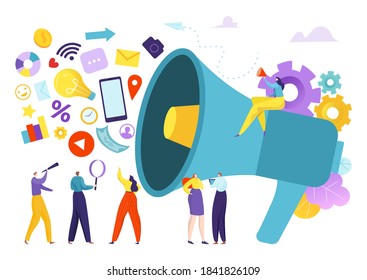 Advertising people concept, vector illustration. Communication announcement by flat megaphone, business digital advertisement design. Man woman cartoon character announce promotion.