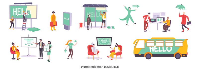 Advertising people flat set of isolated human characters wearing branded clothes and accessories with painted bus vector illustration