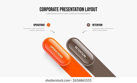 Advertising Performance 2 Option Diagram Slideshow Template. Enterprise Showcase Two Element Infographic Slide Layout. Professional Solution Presentation Design Vector Illustration.
