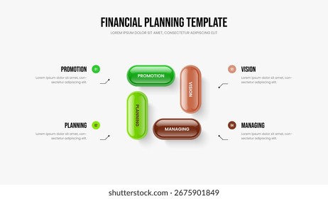 Ilustração de vetor de layout de slide de desempenho de anúncio. Modelo de apresentação de slides do diagrama de quatro elementos de desenvolvimento de consultoria. Projeto de apresentação infográfica de 4 etapas da estratégia do projeto.