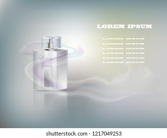 Advertising of perfume products. Bottle with perfume, toilet water on a gray background in cool colors.