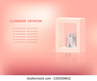 Advertising perfumes in coral tones. A bottle of toilet water and a translucent silk ribbon on a pink background.