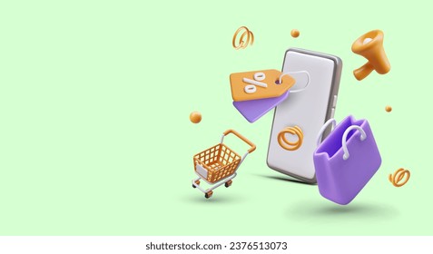 Advertising of phone application for online shopping. 3D smartphone, shopping cart, bag, megaphone, discount tag. Vector sale reminder. Profitable purchase