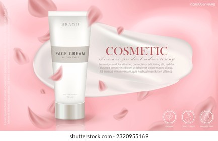 Advertising pink web banner with elegant cosmetic product. Promo poster with flying flower petals, cream smear and skin care product in white realistic package. Mock up of cream tube for marketing