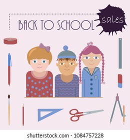 Advertising placard representing back to school sales. Color nice image with three joyful children, set of school supplies and text "Back to school Sales" on blue background. Suitable for web or print