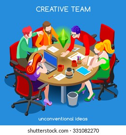 Advertising Plan Agency Startup Video Game Developer Dream Team. 3D Flat Girl Character Isometric Nerd Geek Creative People. Collaboration Development Together Concept Office Vector Art Design.