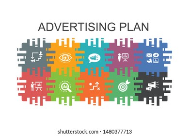 Advertising Plan cartoon template with flat elements. Contains such icons as marketing, strategy, planning, target 