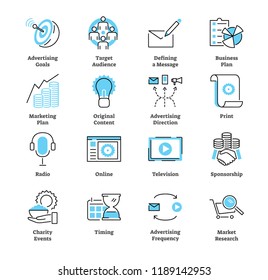 Advertising plan icon collection set. Commercial vector illustration with radio, audience, goals, print, online, television and sponsorship symbols. Business strategy.