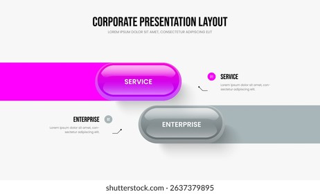 Advertising Plan Presentation Layout Vector Illustration. Company Visualization Two Option Infographic Slideshow Template. Service Solution 2 Element Diagram Frame Design.
