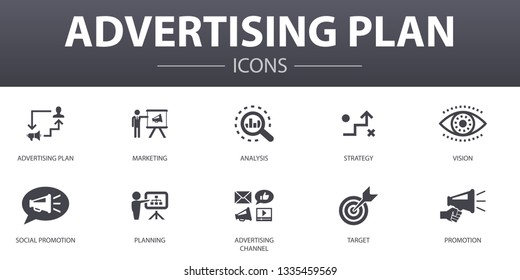 Advertising Plan simple concept icons set. Contains such icons as marketing, strategy, planning, target and more, can be used for web, logo, UI/UX