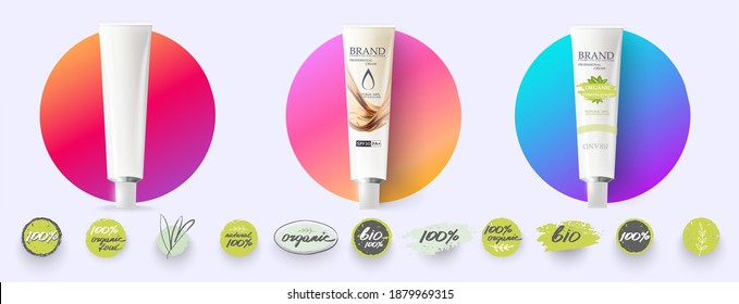 Advertising of plastic tubes on the background of red pink circles and glitter effect in 3d illustration. Cream templates are a natural product. Collection of cafe emblems, badges, tags, packaging.
