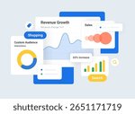 Advertising Platform for Promoting products or services across Search and partner websites. Targeting tools, Budget control and detailed Analytics. Flat Minimalist UI vector illustration