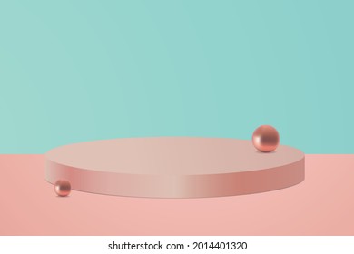 Plataforma publicitaria Ilustración vectorial de estilo mínimo Mostrador de óval y bolas de oro sobre fondo azul turquesa y rosa pastel