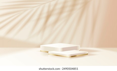 Advertising podium and palm shadow realistic vector illustration. Empty products demonstration stand 3d object on beige background