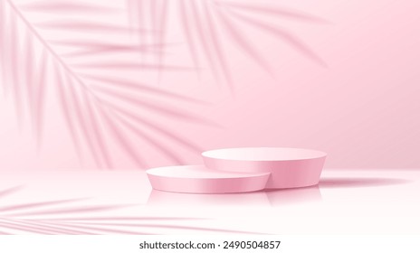 Advertising podium and palm shadow realistic vector illustration. Empty products demonstration stand 3d object on pink background