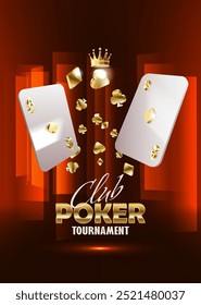 Advertising a poker tournament at the club. Playing cards on a red background. Vector.