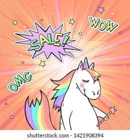 Advertising pop art poster with hand drawn magic unicorn in retro comic style. Speech bubble with text SALE! And stickers WOW, OMG. Vector background.