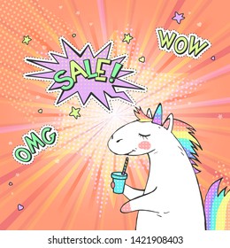 Advertising pop art poster with hand drawn magic unicorn in retro comic style. Speech bubble with text SALE! And stickers WOW, OMG. Vector background.
