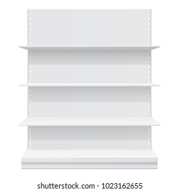 Advertising POS POI Display Rack Shelves For Supermarket Floor Showcase on the white background. front view. Slender white shelves. Mock Up Template. Vector illustration.