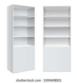 Advertising POS POI Display Rack Shelves For Supermarket Floor Showcase on the white background. front view. Slender white shelves. Mock Up Template. Vector illustration.