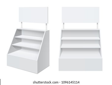 Advertising POS POI Display Rack Shelves For Supermarket Floor Showcase on the white background. front view. Slender white shelves. Mock Up Template. Vector illustration.