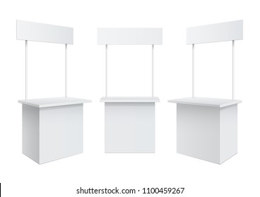 Advertising POS POI Display Rack Shelves For Supermarket Floor Showcase on the white background. front view. Slender white shelves. Mock Up Template. Vector illustration.