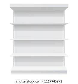 Advertising POS POI Display Rack Shelves For Supermarket Floor Showcase on the white background. front view. Slender white shelves. Mock Up Template. Vector illustration.