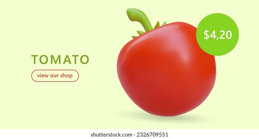 Werbeplakat mit 3D-Tomate, Text und heller Preisschild. Vorlage für Online-Lebensmittelgeschäfte. Rund rotes Pomodoro für Salate, Saucen, Gemüsespezialitäten. Veganer