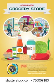 Advertising poster announcing the opening of a new grocery store. Announcement of the food market.