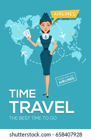 Advertising poster, banner of airline. The best time to travel. Stewardess keeps air tickets and offers to go on trip around world. Vector illustration