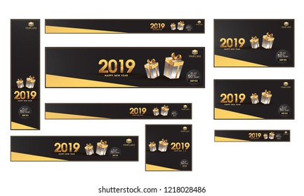 Advertising poster, banner and template set with 3d text 2019, gift boxes and flat 50% discount for New Year celebration.