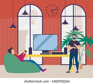 Advertising Poster  Break for Relaxing at Work. Many Projects That Require Tireless Attention. Man Shows Time on Clock to Guy Who Plays an Online Game Cartoon. Vector Illustration.