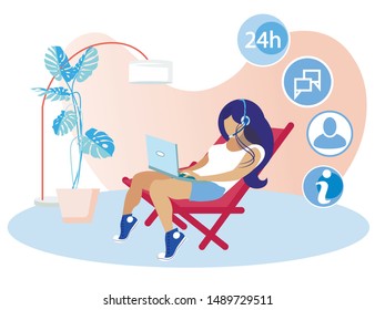 Advertising Poster Call Center Work Space Flat. Ability to Work In Multi-tasking and Heavy Duty. Girl Sports Appearance Sits at Home and Works with Laptop and Headset. Vector Illustration.