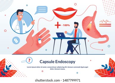 Advertising Poster Capsule Endoscopy Lettering. Equipment that Allows Performing Operations with Less Risk to Patients Health. Hand Holds Mini Video Camera for Examining Stomach. Vector Illustration.