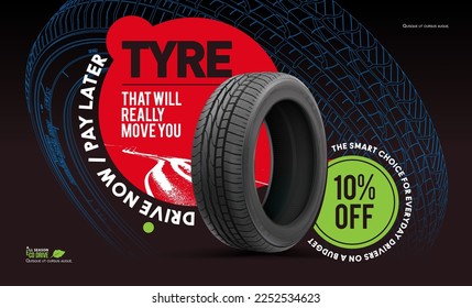 Advertising poster. Car tire on a dark background. Banner design. The tire of the car is on the road. Summer or winter road. Information. Store. Digital print, flyer, booklet, brochure and web design.