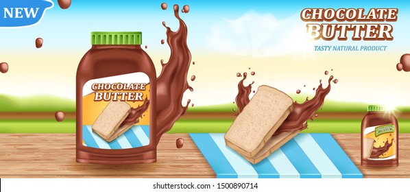 Advertising poster for chocolate butter. Realistic vector illustration. Ready-made project for your design decisions. Jar of chocolate butter and bread on nature background.