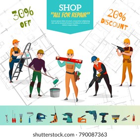 Advertising poster with construction workers in uniform on scheme background, icons set with building tools vector illustration  